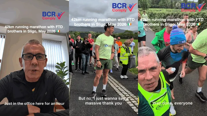 Collage of CEO Sean Clancy and the FTD Brothers during the 42KM running marathon in Sligo, May 2026