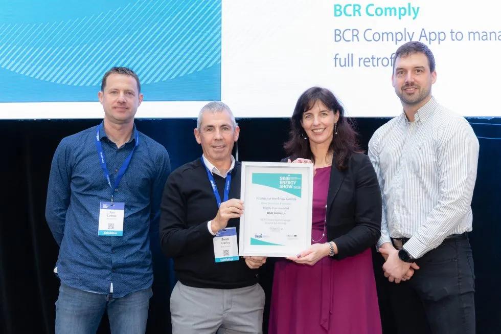 Jonathan Lomax and Sean Clancy from BCR Comply receiving the Highly Commended Service Provider award at the SEAI Energy Show 2023
