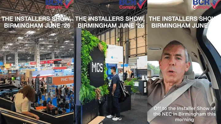 Collage from the Installers Show in Birmingham, June 2026 - the exhibition hall, the MCS stand and the journey home