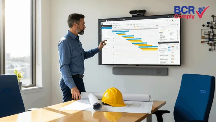 Project manager reviewing a retrofit project schedule with the BCR Comply system
