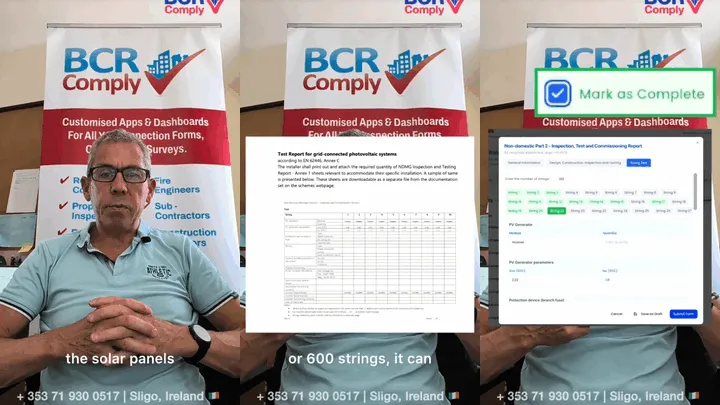 Collage from the BCR Comply TikTok video on solar string management and digital SEAI form submission with BCR Retrofit