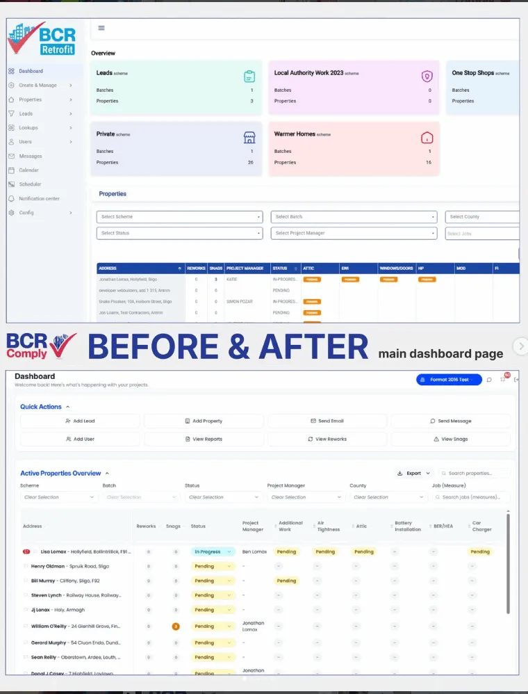 BCR Comply main dashboard page before and after the Version 3 rebuild